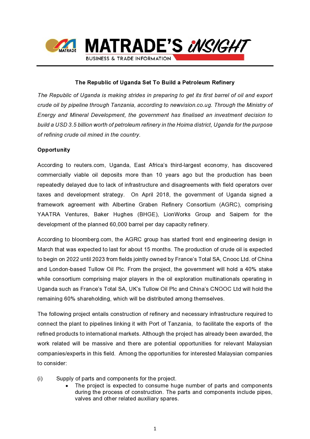 Article The Republic of Uganda Set To Build A Petroleum Refinery page 01