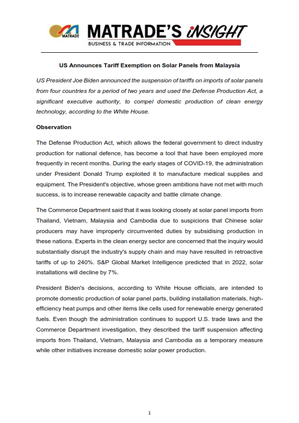 Article US Announces Tariff Exemption on Solar Panels from Malaysia 001